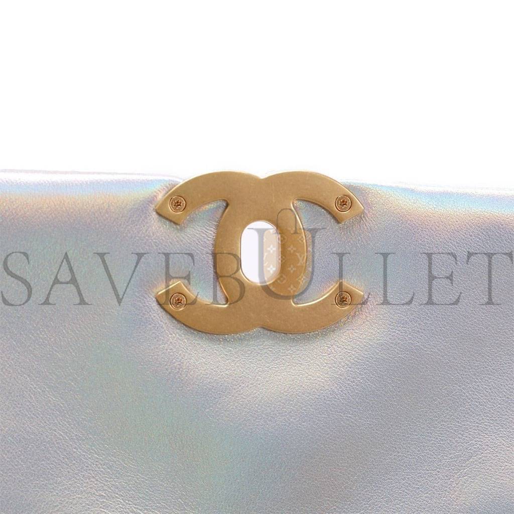Ch*el iridescent calfskin quilted medium Ch*el 19 flap light gold purple blue as1160 (26*17*8cm)